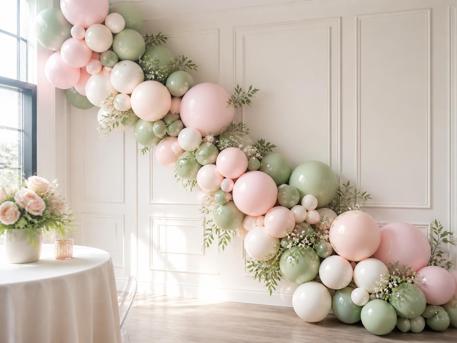 Blush, sage and cream balloon garland installed on a cream paneled wall